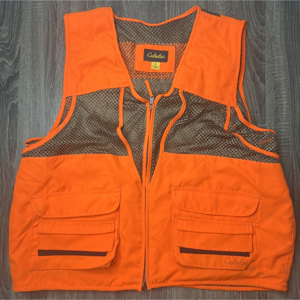 Cabela's Fowl Hunting Vest Mens XL Tan Orange Safety Pocket Storage Bird Duck